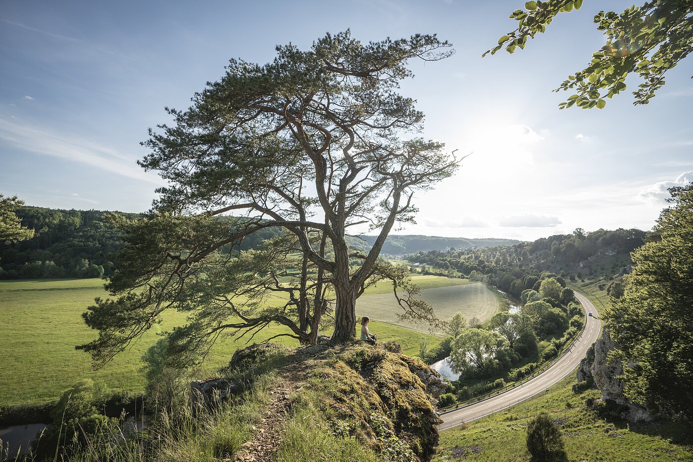 Eine Frau sitzt in einer Yogapose auf den zwölf Aposteln. Ein großer Baum ragt über ihr auf. Sie lässt den Blick über das Tal schweifen.