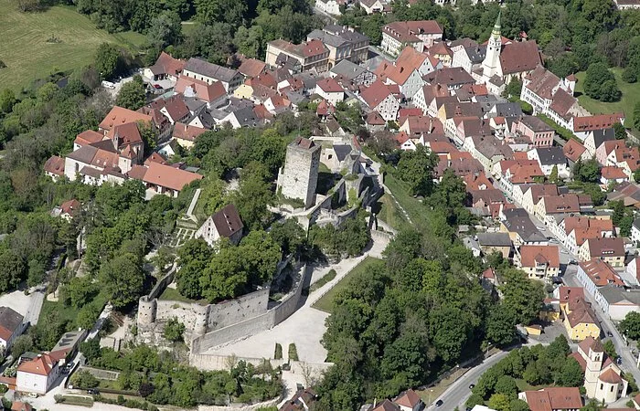 Die Burg Pappenheim von oben aufgenommen. Man hat einen guten Blick auf die gesamte Anlage mit Garten und Bäumen. Rechts sind auch viele Pappenheimer Häuser zu sehen.