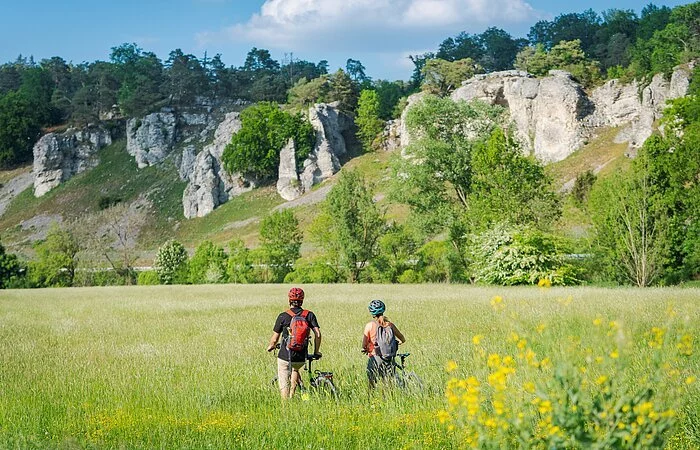 Zwei Radler haben auf dem Radweg angehalten und bestaunen die Felsformation 12 Apostel. Die Blumenwiesen entlang des Radweges strahlen in hellem grün.