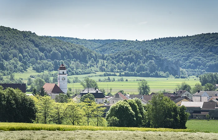 Landschaft mit Dorf, Kirchturm und bewaldeten Hügeln im Hintergrund.