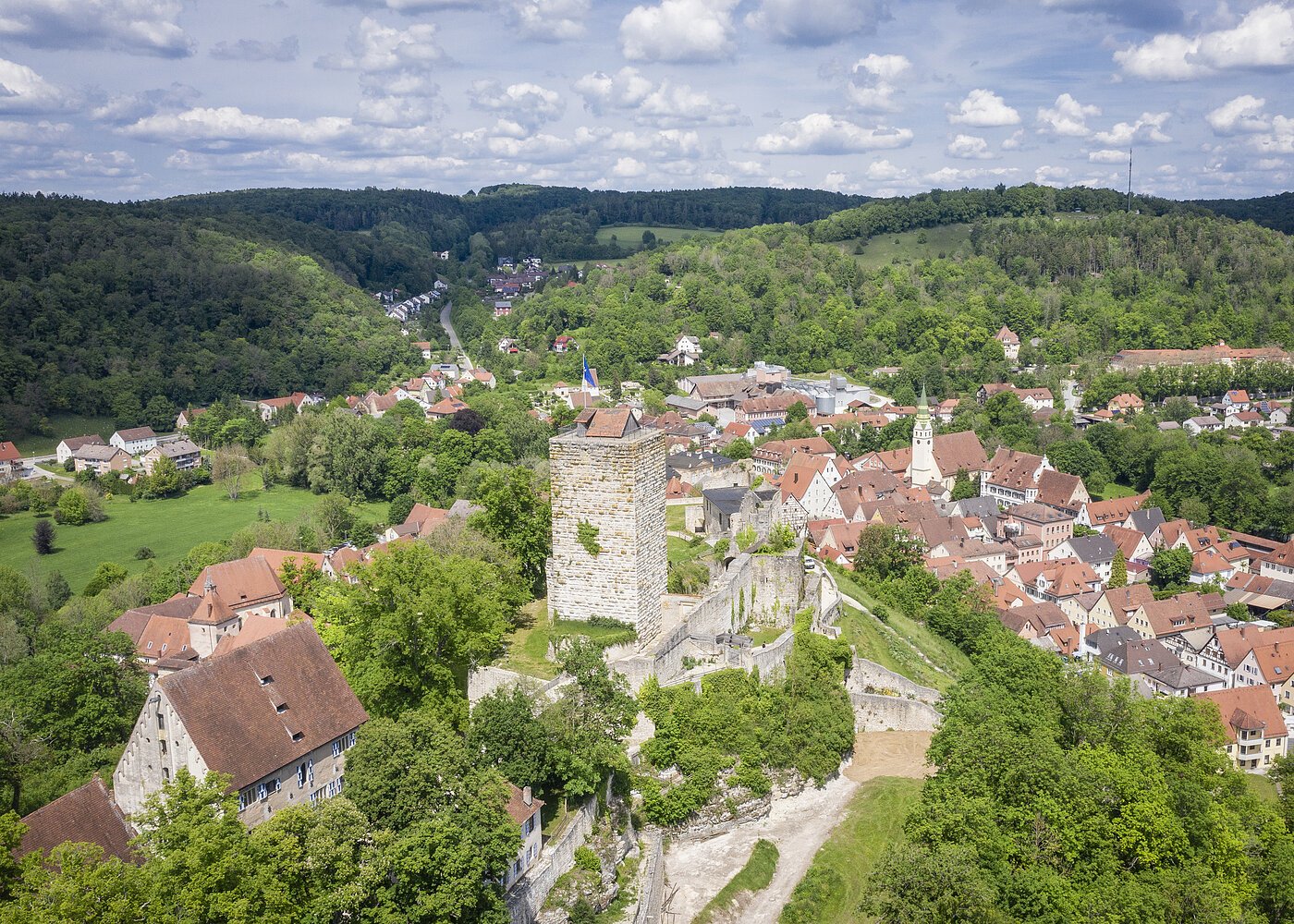 Burg Pappenheim Luftaufnahme einer Burg mit Turm und umliegendem Dorf in einer grünen Hügellandschaft unter bewölktem Himmel.