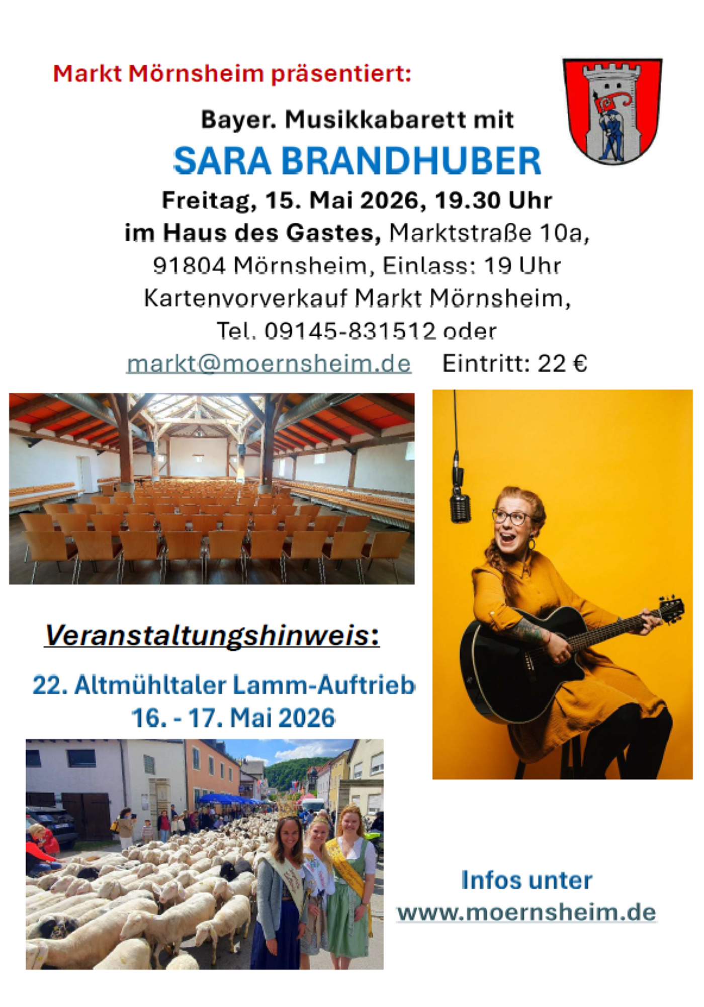Veranstaltungsankündigung Bayerisches Musikkabarett mit Sara Brandhuber am 15. Mai 2026 in Mörnsheim.